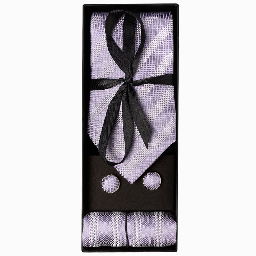Mens Lilac Textured Stripe Silk Classic Tie Pocket Square and Cufflinks Box Set