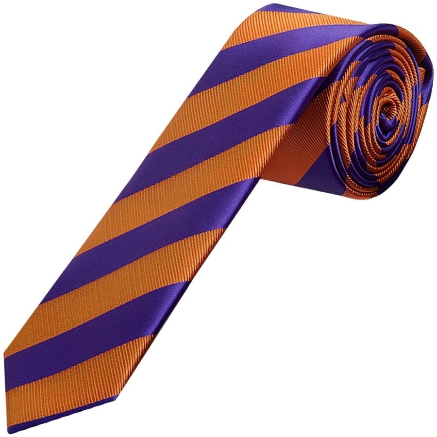 Purple and Orange Striped Skinny Men's Tie and Pocket Square Set