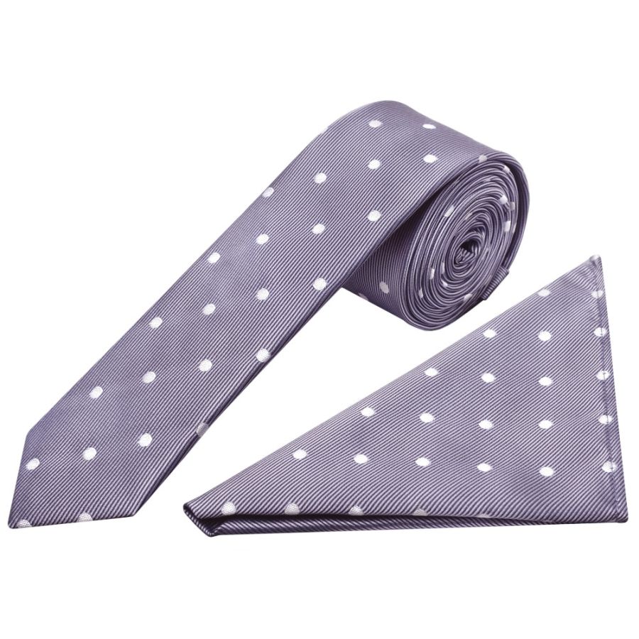 Mauve Large White Spot Skinny Men's Tie and Pocket Square Set