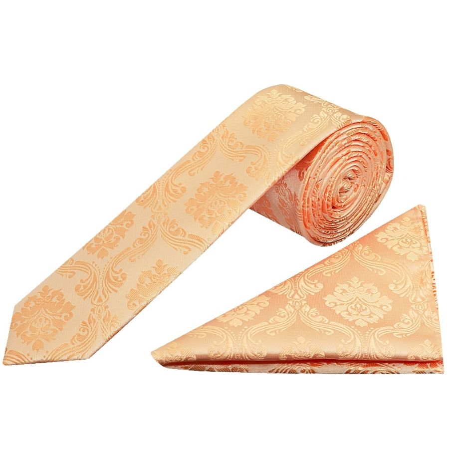 Peach Paisley Skinny Boys Tie and Pocket Square Set