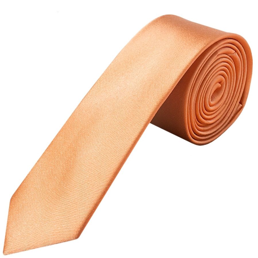 Plain Peach Satin Silk Skinny Men's Tie and Pocket Square Set