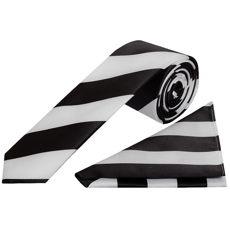 Black and White Striped Skinny Boys Tie and Pocket Square Set