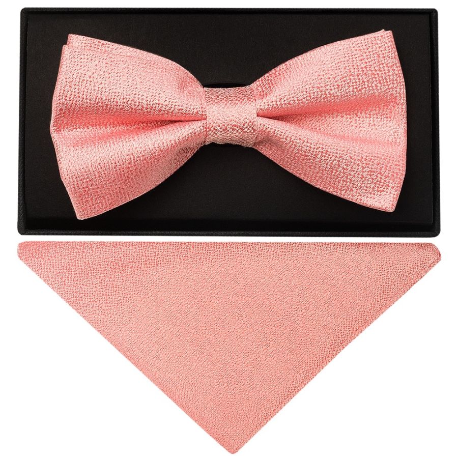 Plain Pink Textured Silk Mens Bow Tie and Pocket Square Set