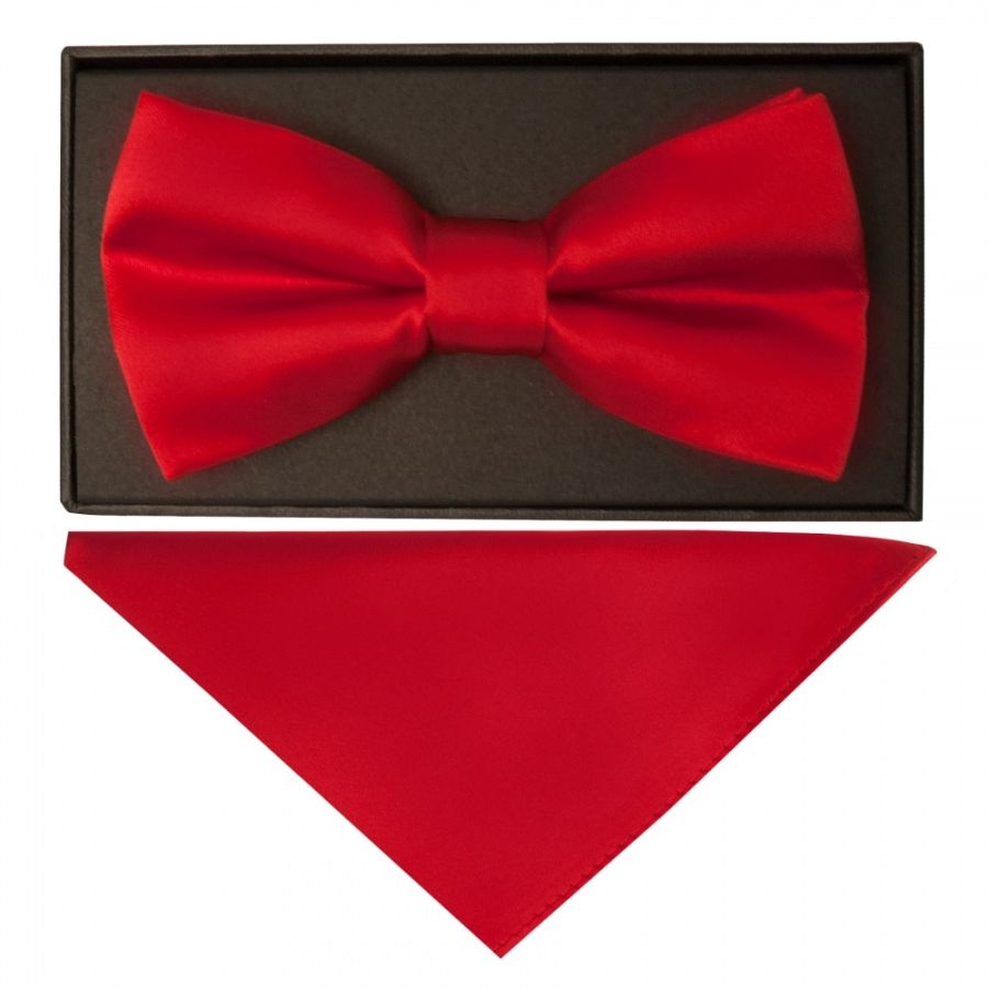 Scarlet Red Handmade Mens Bow Tie and Pocket Square Set