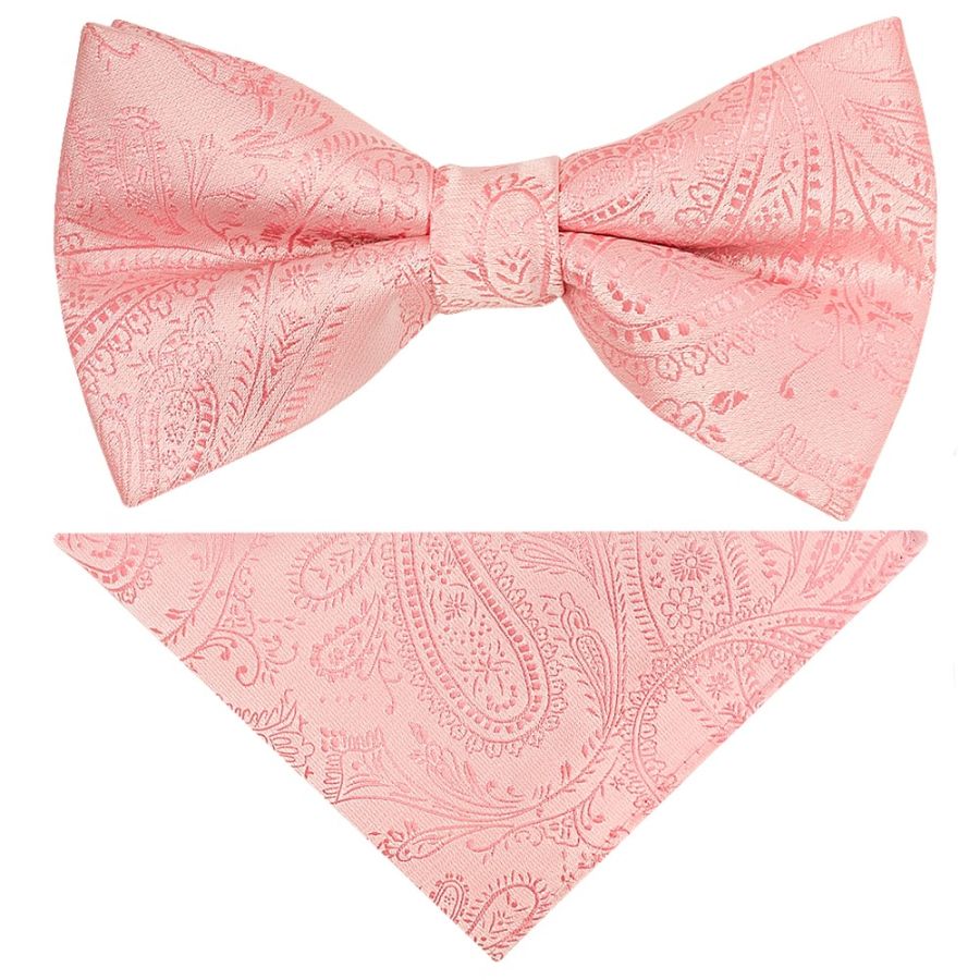 Pre Tied Light Pink Paisley Bow Tie and Pocket Square Set Age 4-7