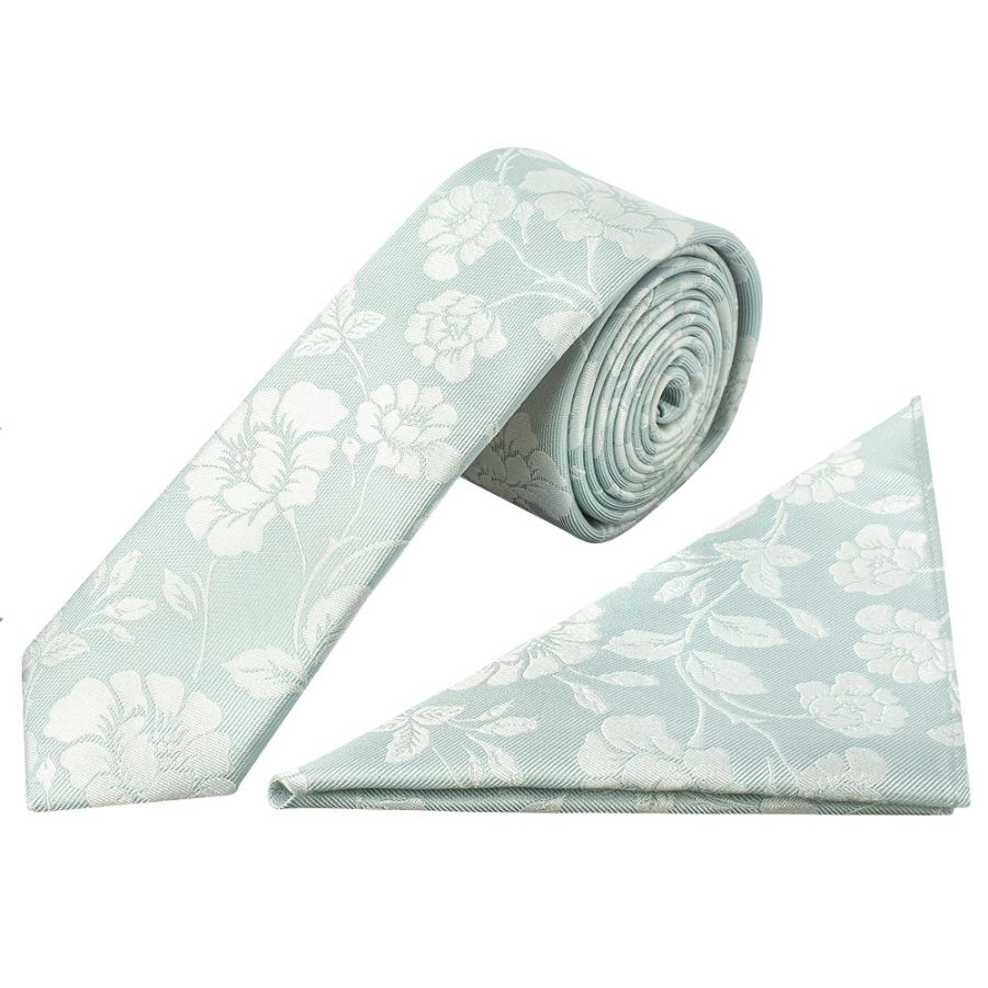 Duck Egg with White Floral Silk Skinny Tie and Pocket Square Set