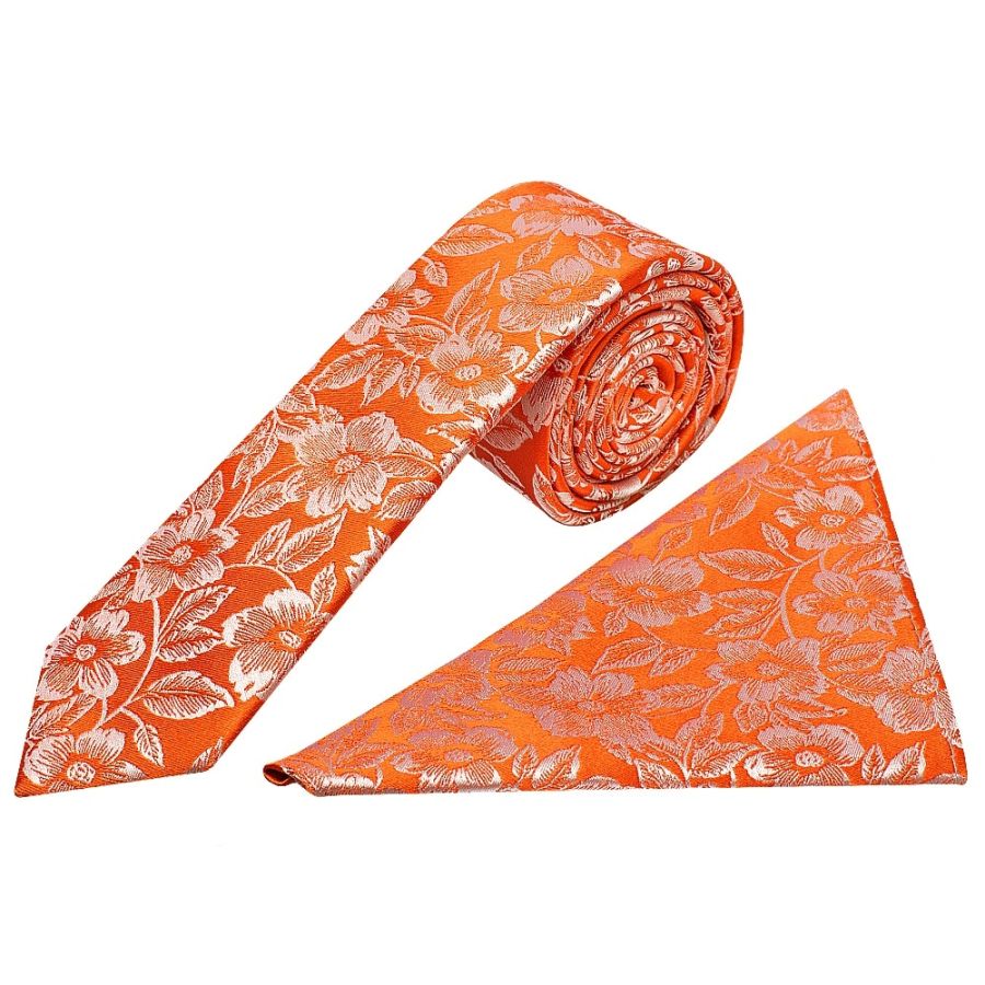Mens Orange Floral Silk Skinny Tie and Pocket Square