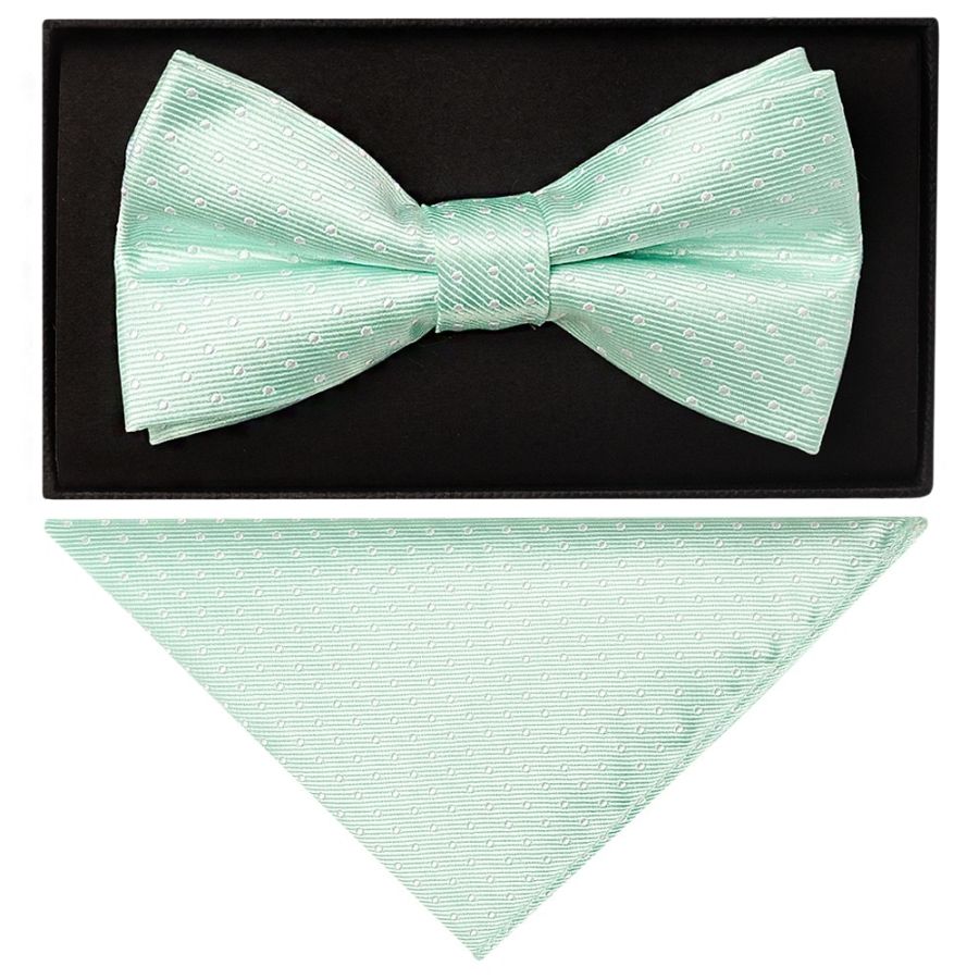 Mint Polka Dot Mens Bow Tie and Pocket Square Set