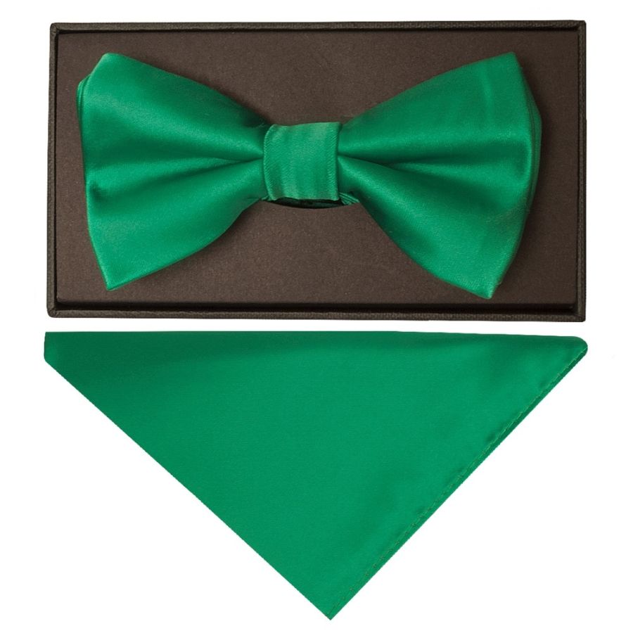 Plain Emerald Green Hand Made Mens Bow Tie and Pocket Square Set