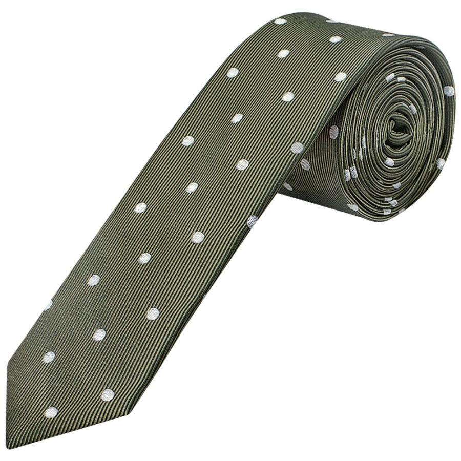Olive Large White Spot Skinny Men's Tie