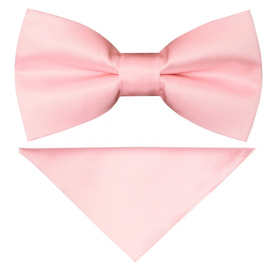 Pre Tied Blush Pink Satin Boys Bow Tie and Pocket Square Set