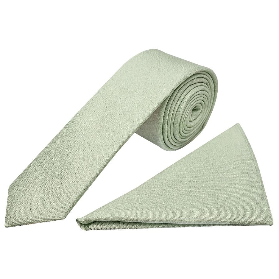 Plain Light Sage Green Silk Skinny Boys Tie and Pocket Square Set