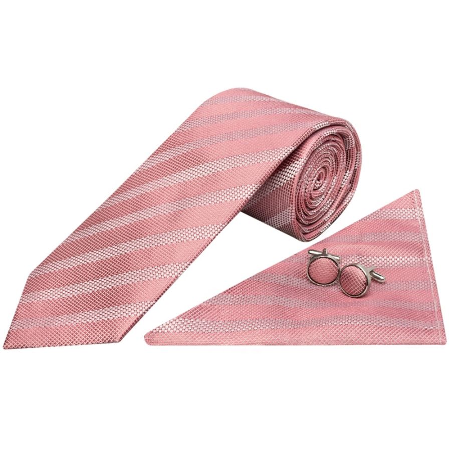 Mens Dusty Pink Textured Stripe Silk Classic Tie Pocket Square and Cufflinks Box Set