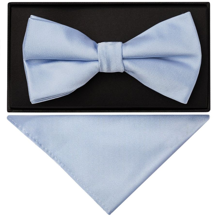 Plain Dusty Blue Handmade Mens Bow Tie and Pocket Square Set