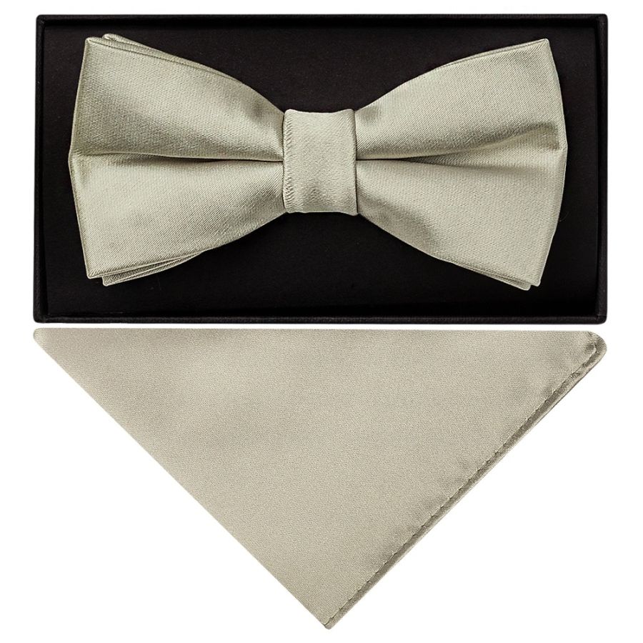 Plain Dusty Sage Satin Handmade Mens Bow Tie and Pocket Square Set