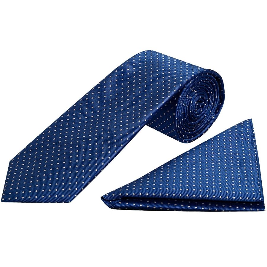 Blue and White Polka Dot Classic Men's Tie Pocket Square Set