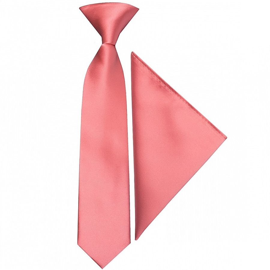 Pre Tied Light Coral Pink Satin Boys Tie and Pocket Square Set Age 4-7