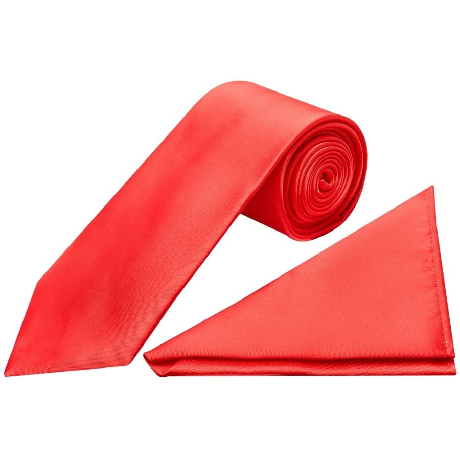 Plain Coral Pink Satin Classic Men's Tie and Pocket Square Set