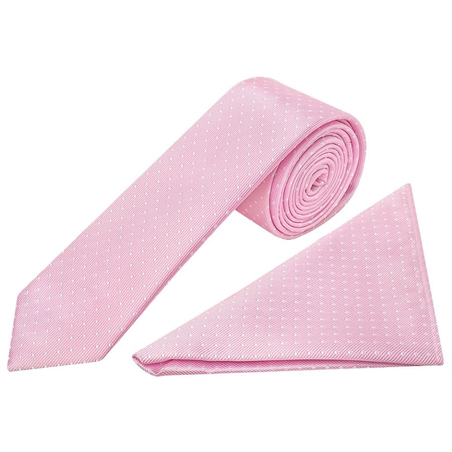 Pink and White Polka Dot Skinny Men's Tie Pocket Square Set