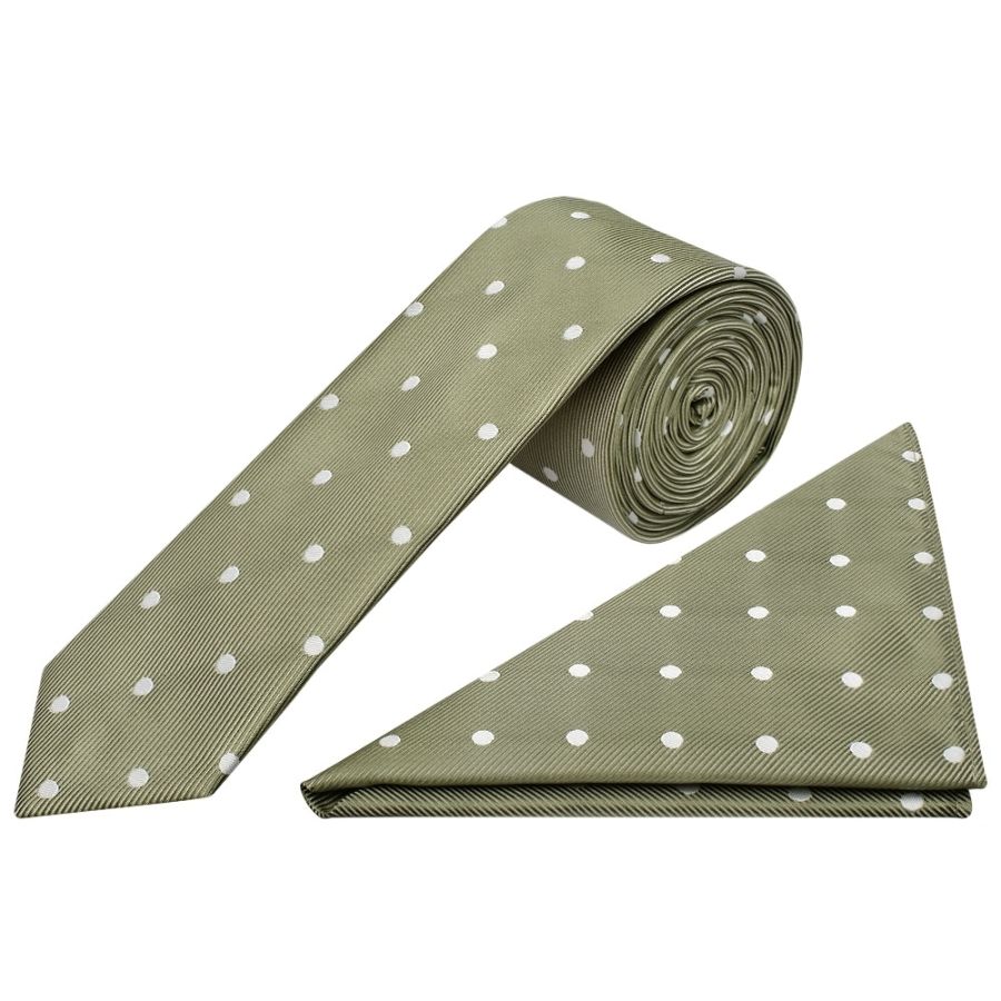 Kahki Green Large White Spot Skinny Men's Tie and Pocket Square Set
