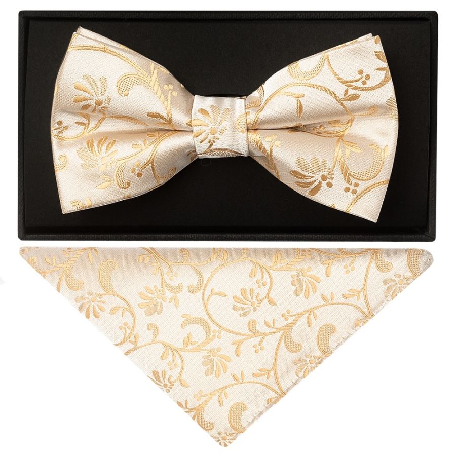 Caramel Floral Handmade Mens Bow Tie and Pocket Square Set