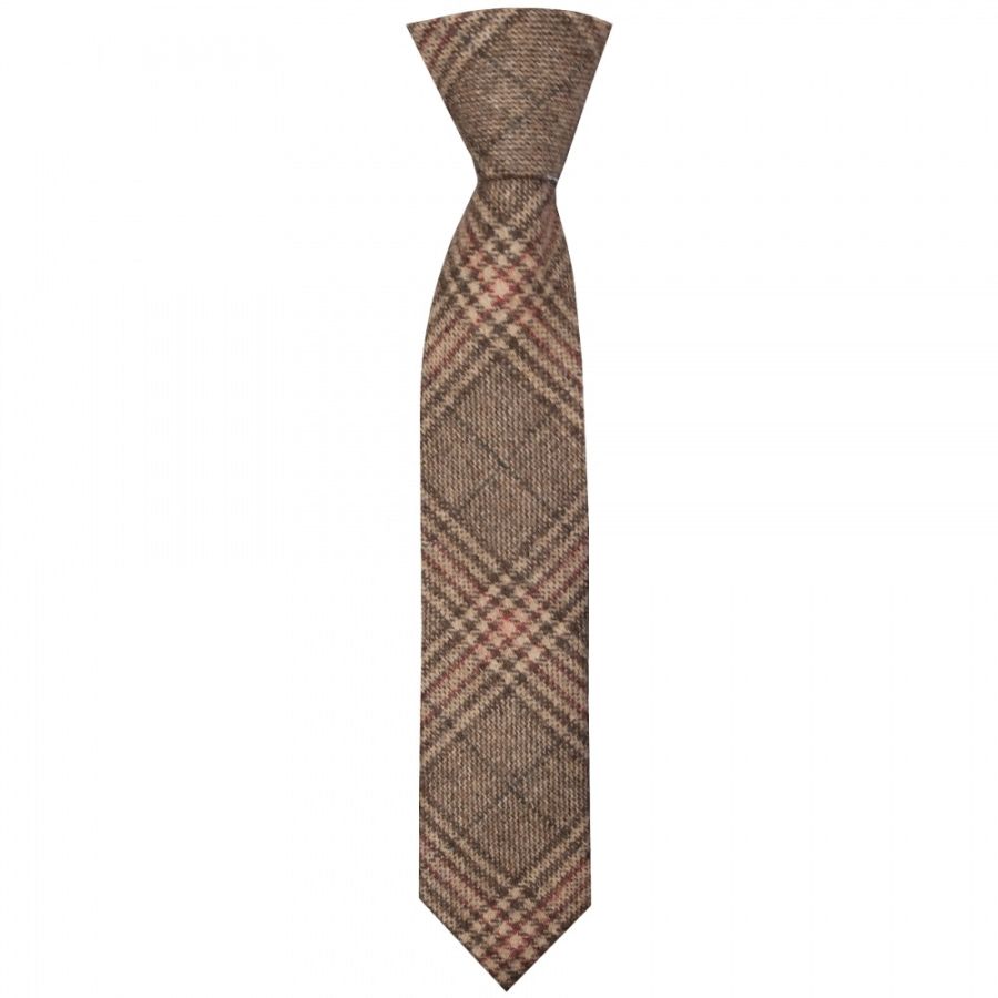 Pre Tied Light Brown Check Tweed Boys Tie Age 4-7