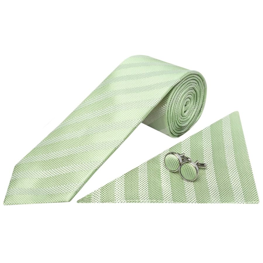 Mens Light Sage Textured Stripe Silk Classic Tie Pocket Square and Cufflinks Box Set