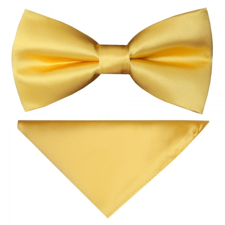 Pre Tied Gold Satin Boys Bow Tie and Pocket Square Set Age 4-7