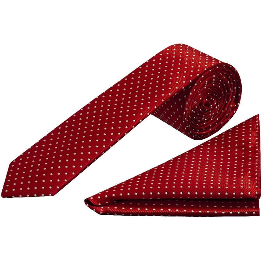 Red and White Polka Dot Skinny Men's Tie Pocket Square Set