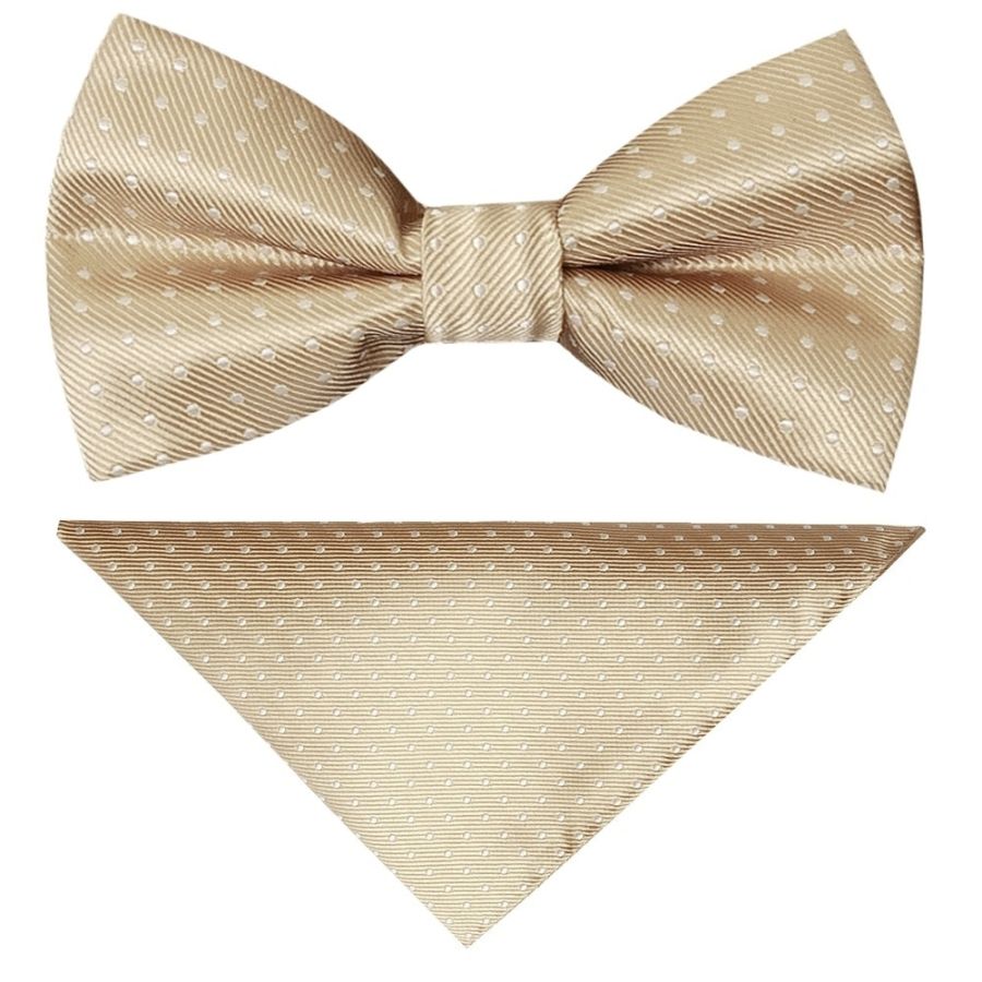 Pre Tied Champagne and White Polka Dot Boys Bow Tie and Pocket Square Age 4-7