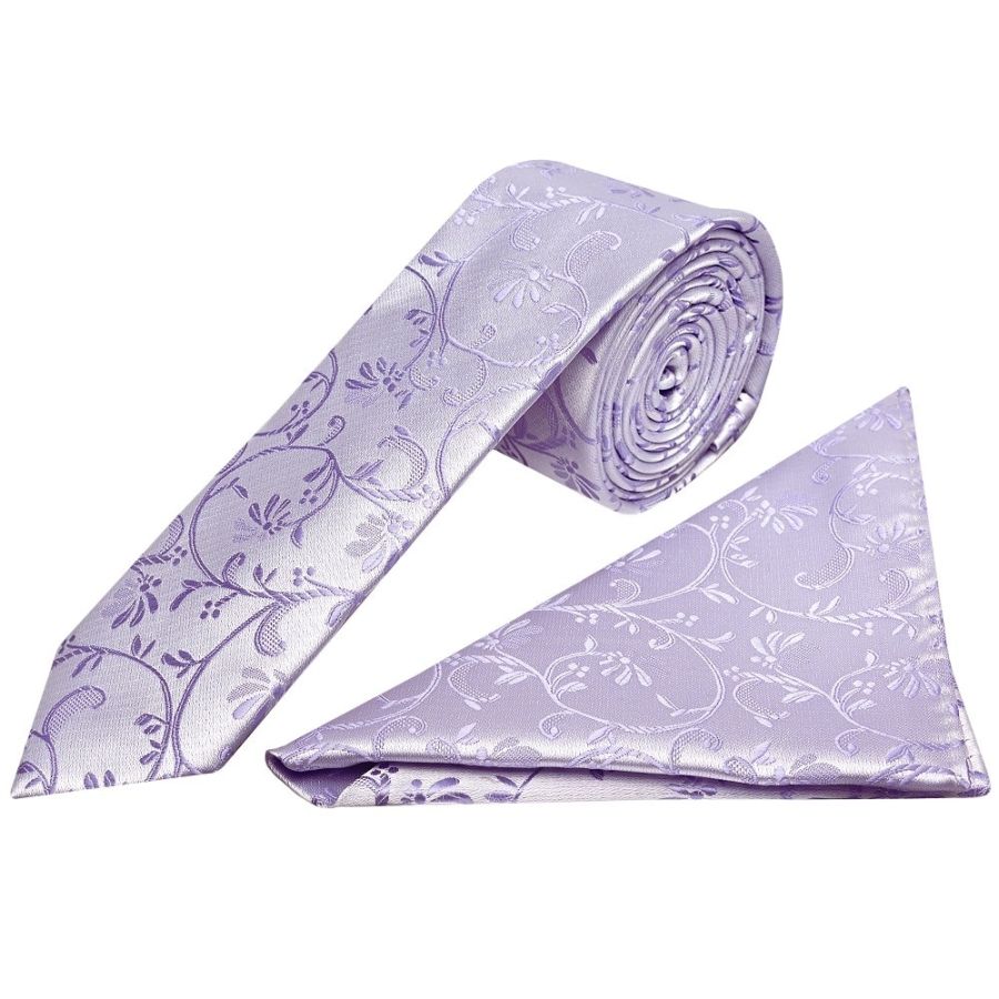 Lavender Floral Skinny Boys Tie and Pocket Square Set