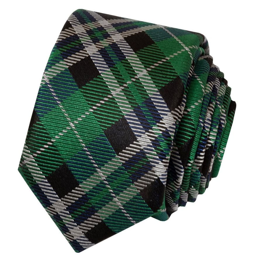 Green and White Tartan Silk Skinny Boys Tie