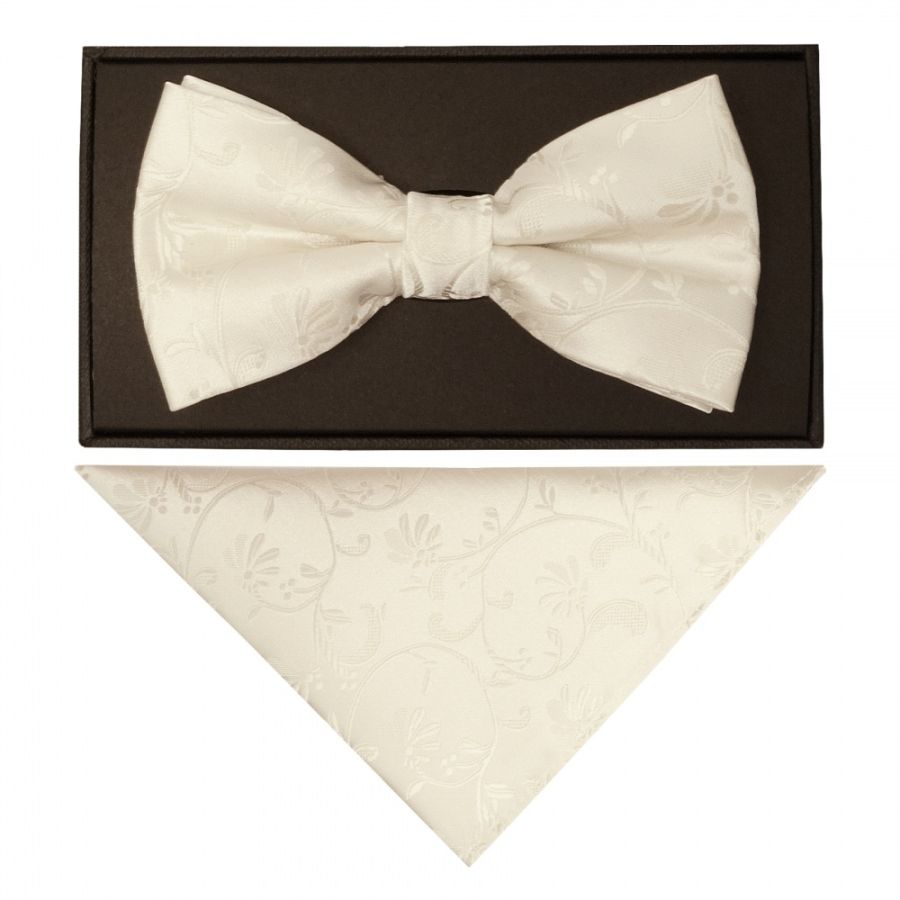 Ivory Floral Handmade Mens Bow Tie and Pocket Square Set