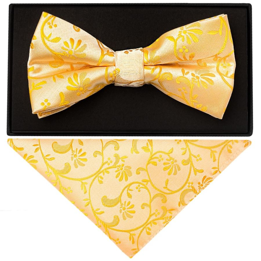 Bright Yellow Floral Handmade Mens Bow Tie and Pocket Square Set