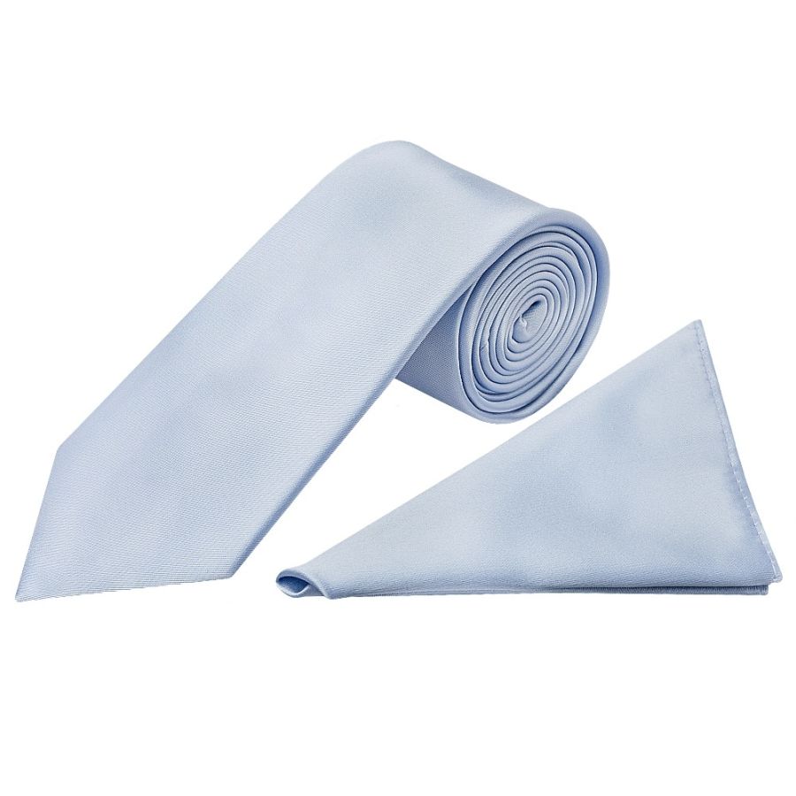 Plain Dusty Blue Satin Classic Mens Tie and Pocket Square Set