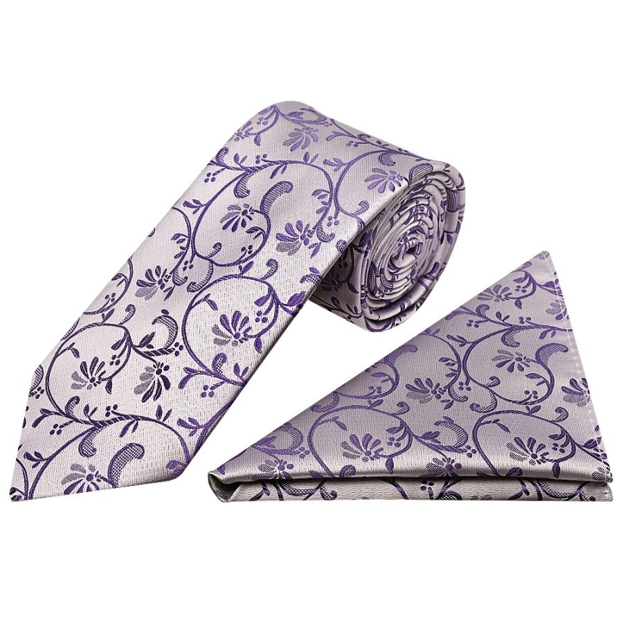Purple Floral Classic Men's Tie and Pocket Square Set