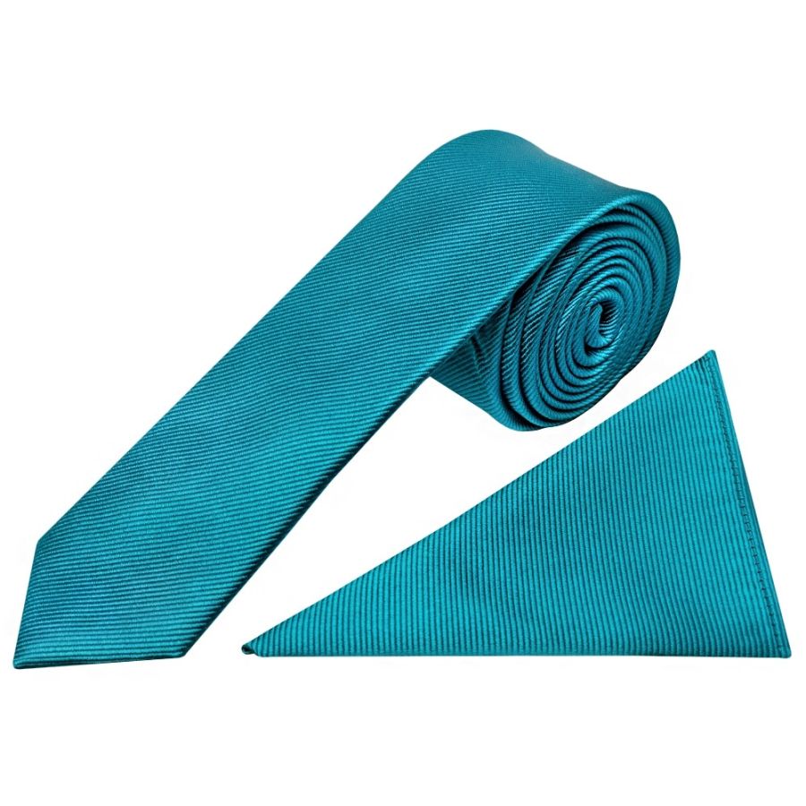 Turquoise Silk Twill Skinny Mens Tie and Pocket Square Set