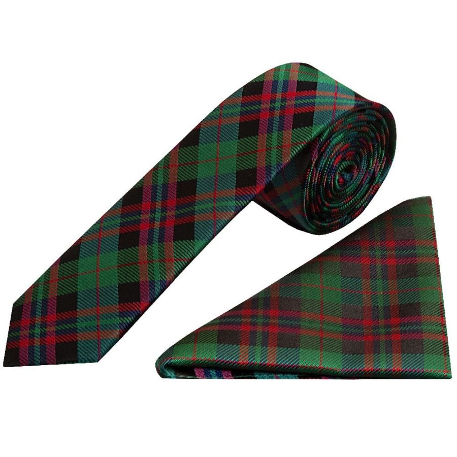 Green and Red Tartan Silk Skinny Men's Tie and Pocket Square Set