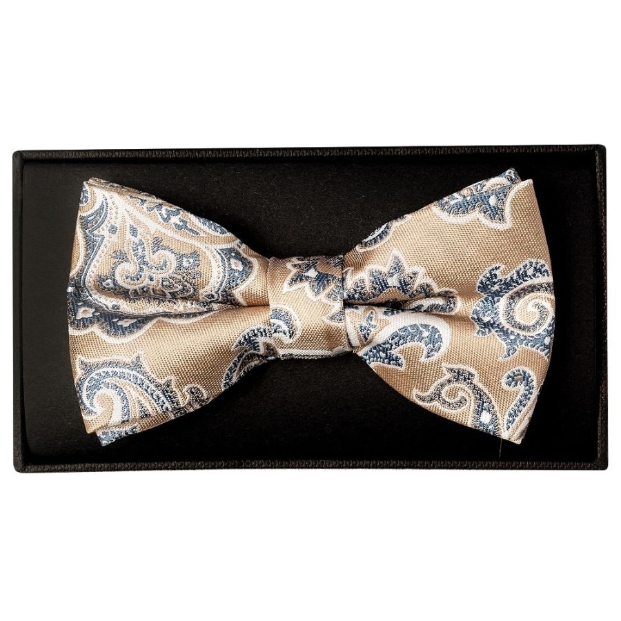 Champagne and Blue Paisley Handmade Mens Bow Tie and Pocket Square Set
