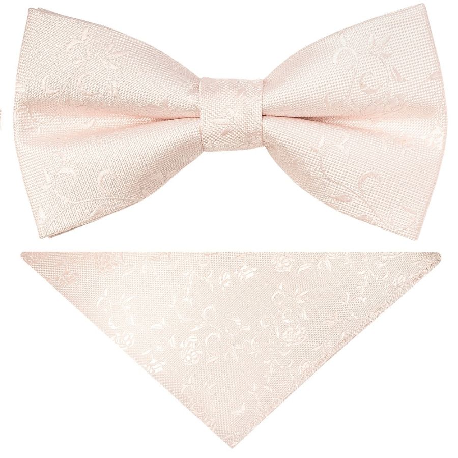 Pre Tied Blush Textured Floral Boys Bow Tie and Pocket Square Set