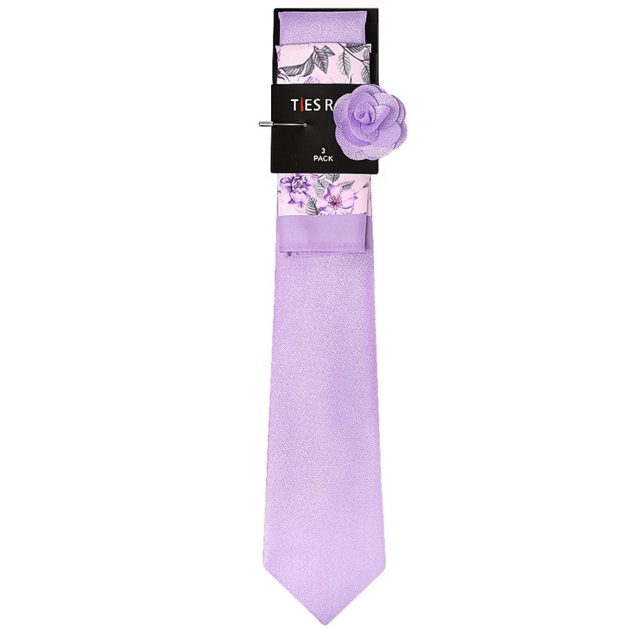 Classic Lilac Mens Tie with Pocket Square and Lapel Pin Set