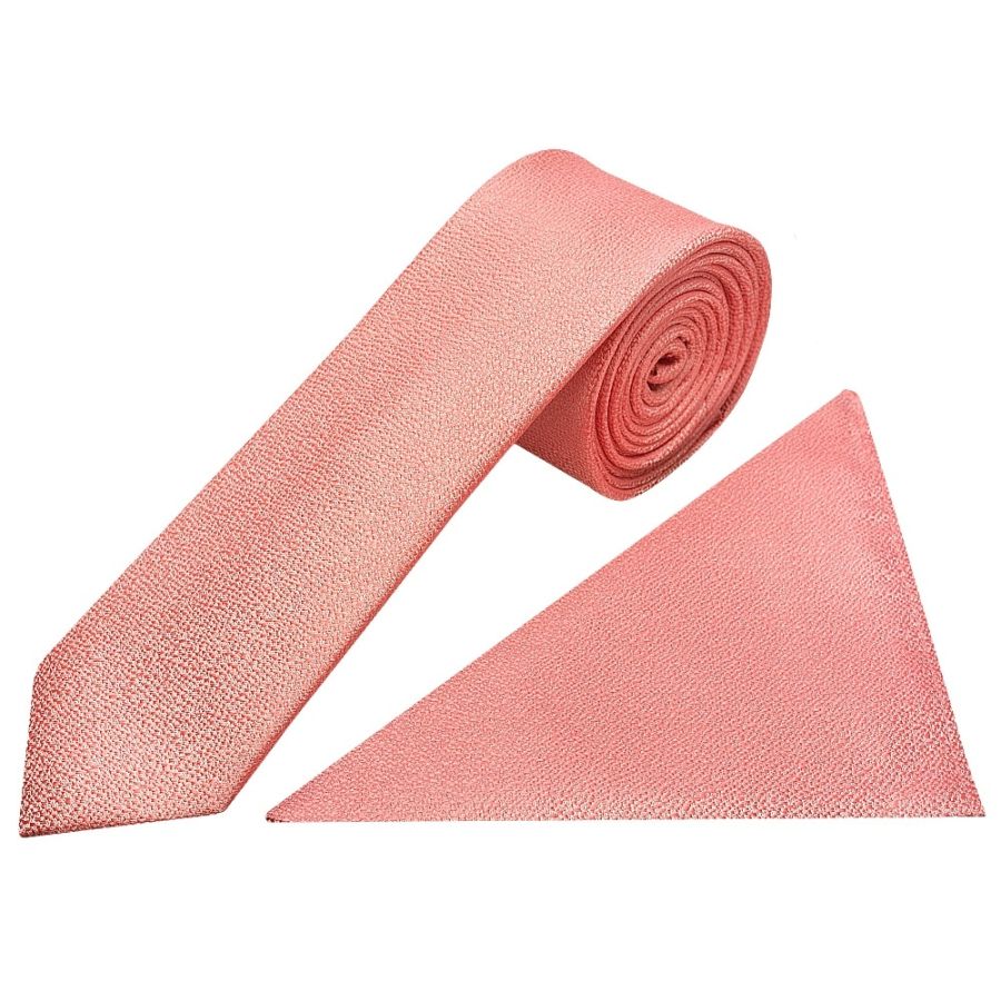 Plain Pink Textured Silk Skinny Men's Tie and Pocket Square Set