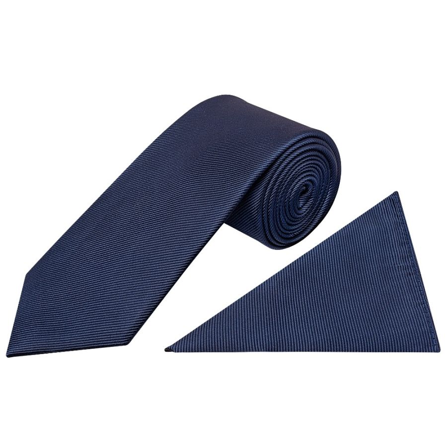 French Navy Silk Twill Classic Mens Tie and Pocket Square Set