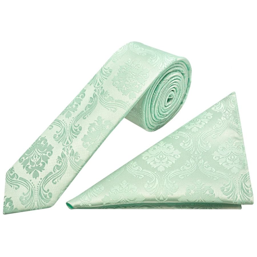 Mint Green Paisley Skinny Boys Tie and Pocket Square Set