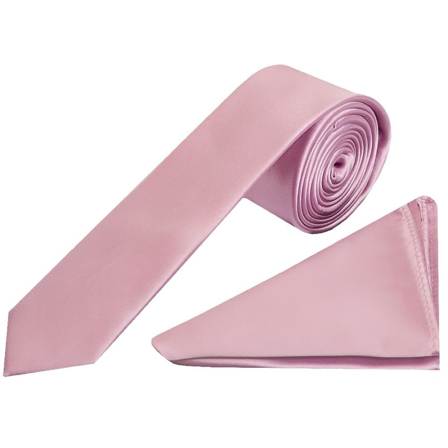 Plain Light Dusty Pink Satin Skinny Men's Tie and Pocket Square Set