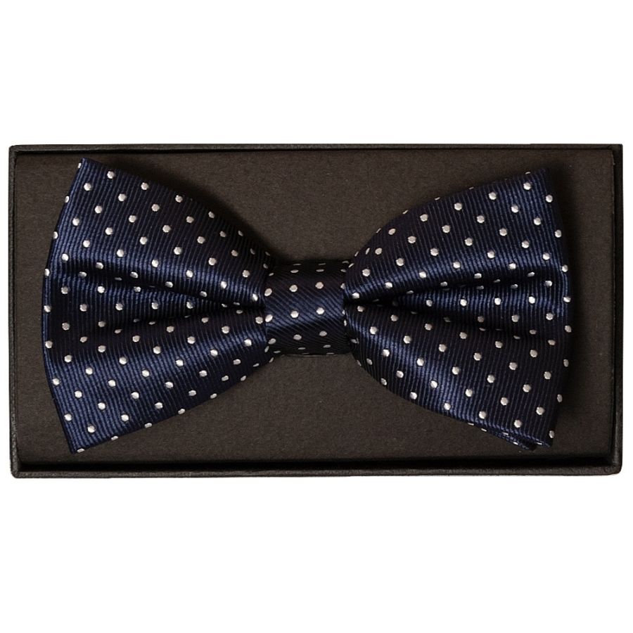 Navy Blue And White Polka Dot Mens Bow Tie and Pocket Square Set