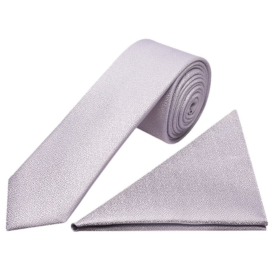 Plain Lilac Textured Silk Skinny Men's Tie and Pocket Square Set