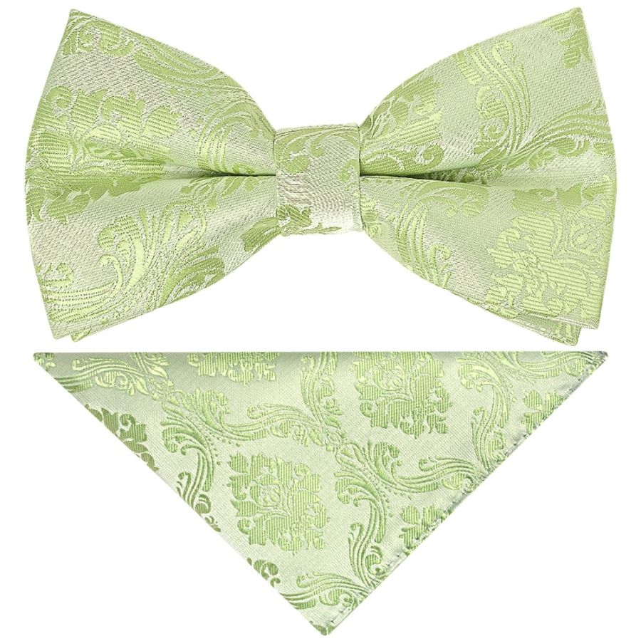 Pre Tied Sage Green Paisley Boys Bow Tie and Pocket Square