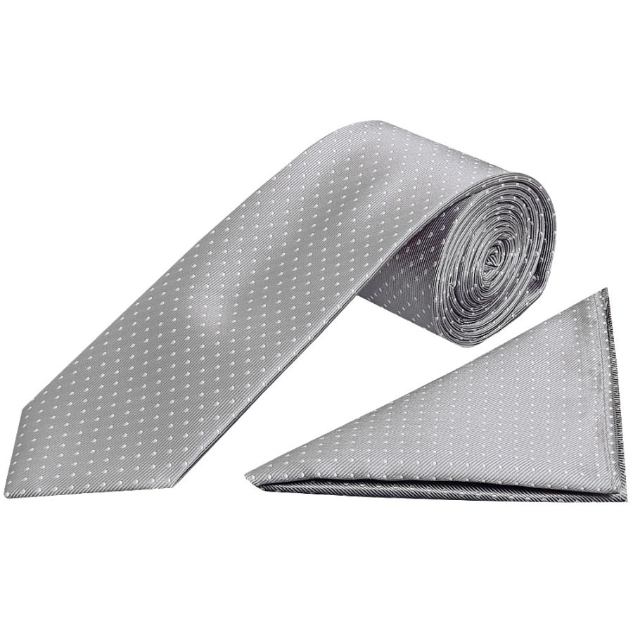Silver and White Polka Dot Classic Men's Tie Pocket Square Set
