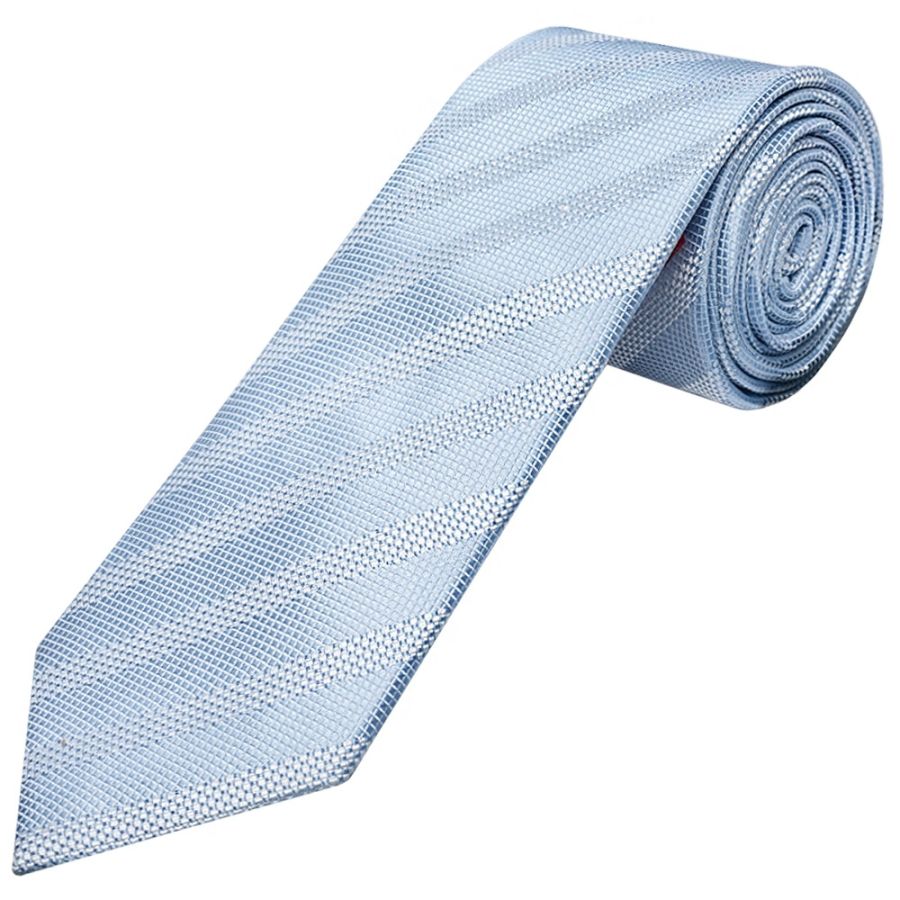 Mens Light Blue Textured Stripe Silk Classic Tie Pocket Square and Cufflinks Box Set